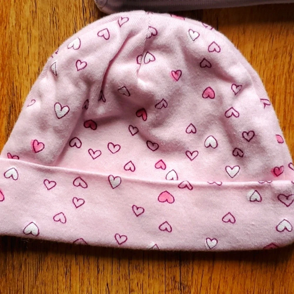 3 Pack Girl Infant Hats Pink Hearts, Grey Stripe with ears,‎ Yellow Green Stripe